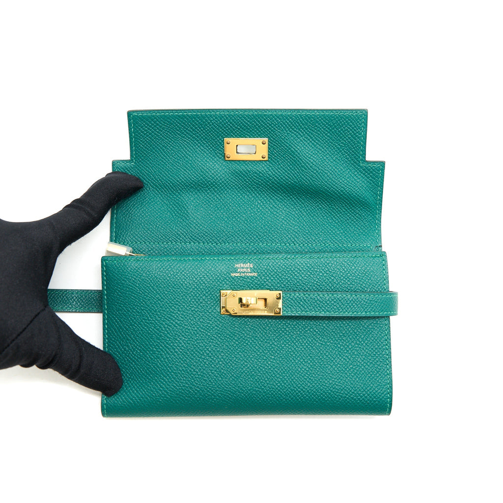 HERMES KELLY COMPACT WALLET GREEN EPSOM GHW