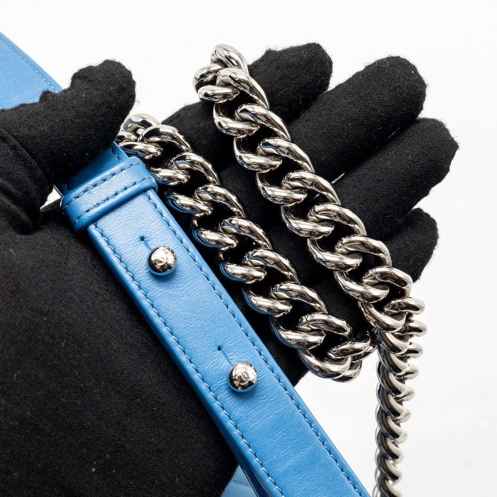 CHANEL SMALL BOY BAG CALFSKIN BLUE SHW
