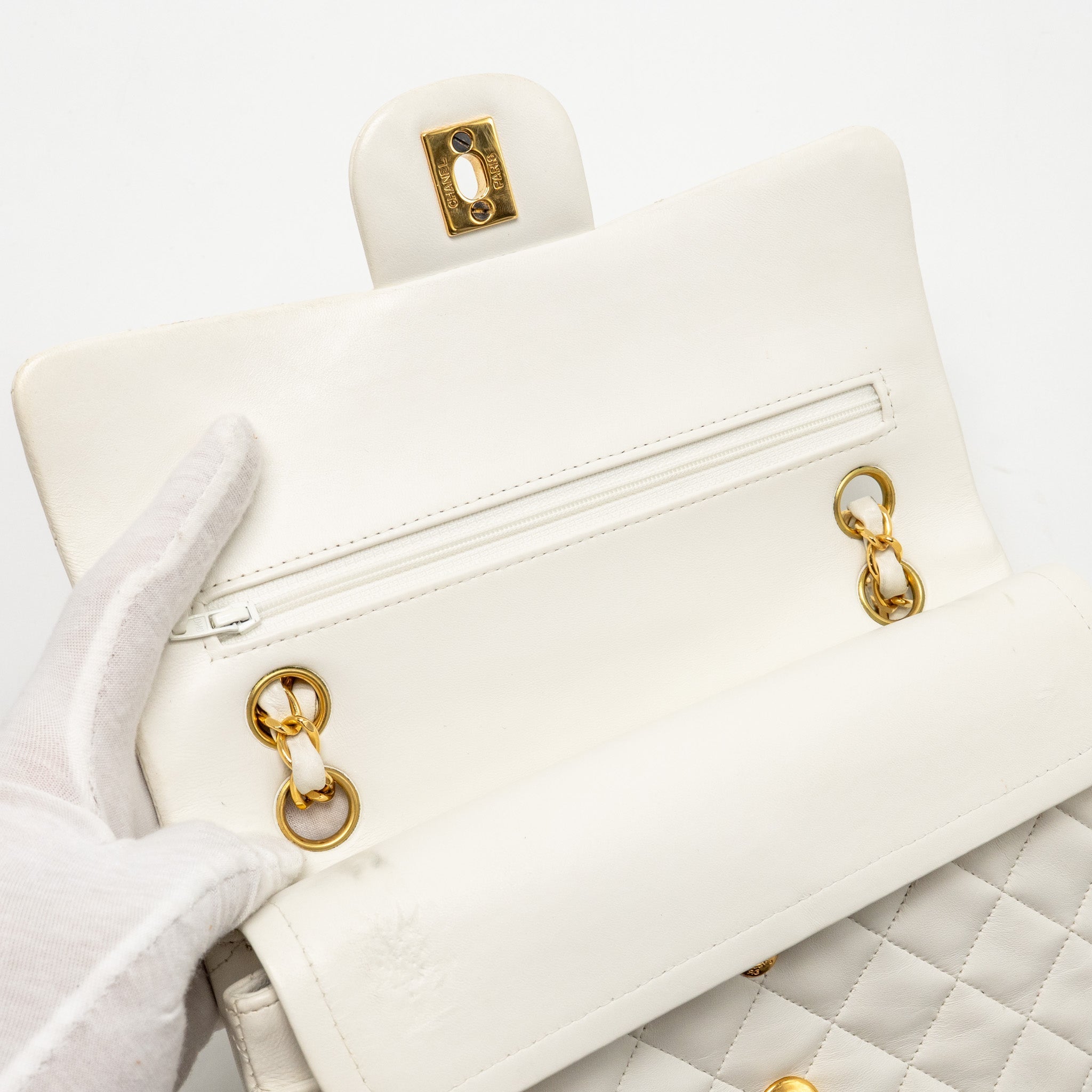 CHANEL VINTAGE SMALL CLASSIC DOUBLE FLAP BAG LAMBSKIN WHITE GHW