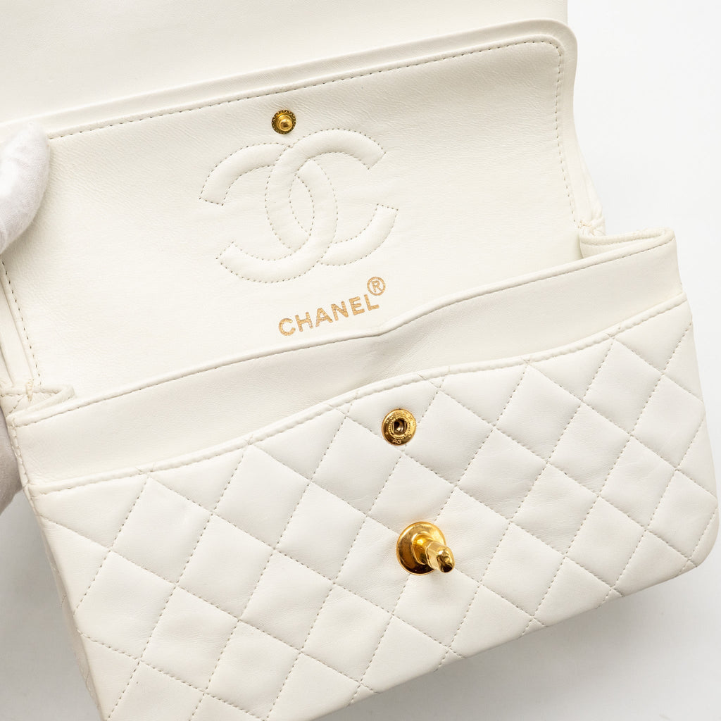 CHANEL VINTAGE SMALL CLASSIC DOUBLE FLAP BAG LAMBSKIN WHITE GHW