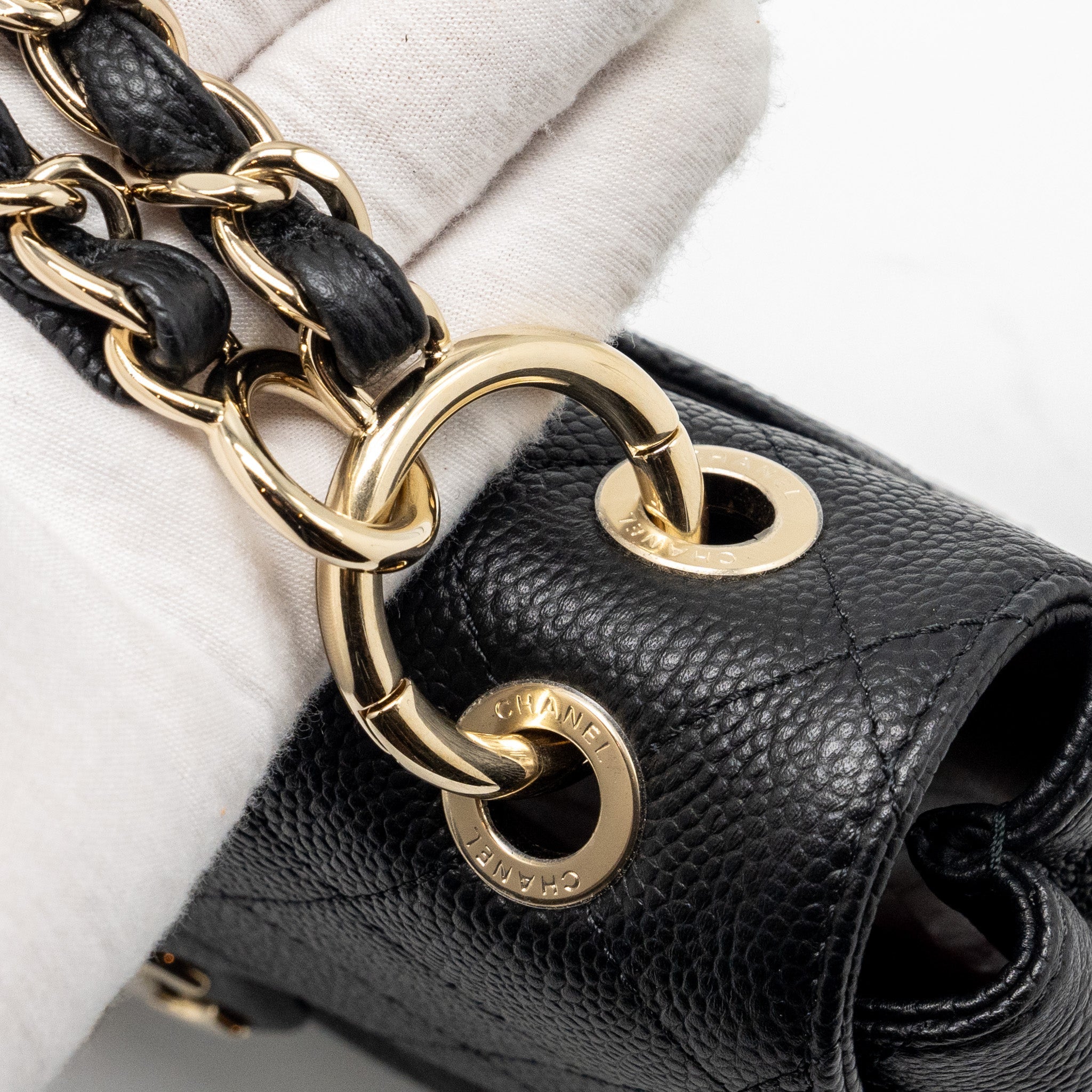 CHANEL CHAIN HANDLE FLAP BAG QUILTED CALFSKIN BLACK LGHW