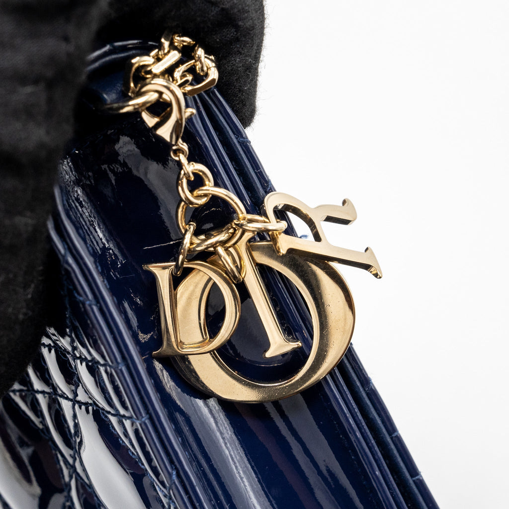 DIOR LADY DIOR POUCH WITH CHAIN PATENT DARK BLUE LGHW
