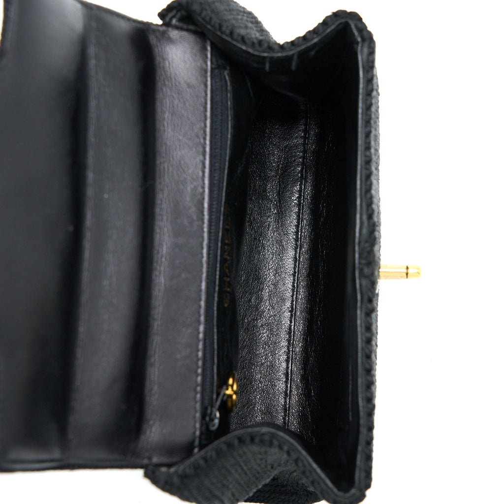 CHANEL VINTAGE TOP HANDLE FLAP BAG WOVEN SILK BLACK GHW
