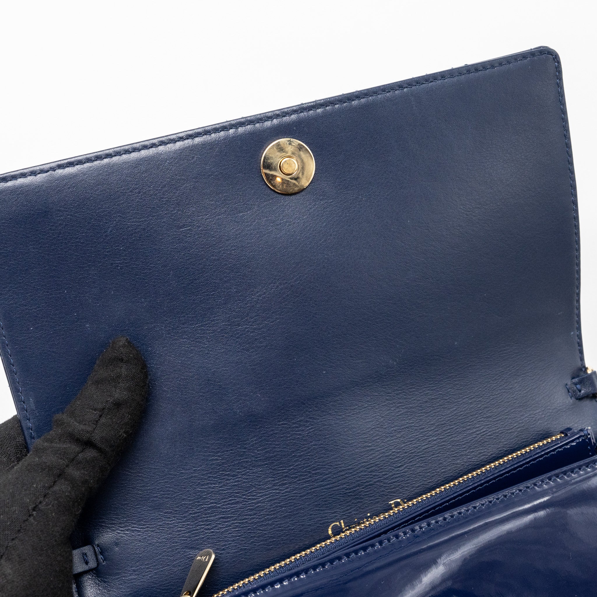 DIOR LADY DIOR POUCH WITH CHAIN PATENT DARK BLUE LGHW