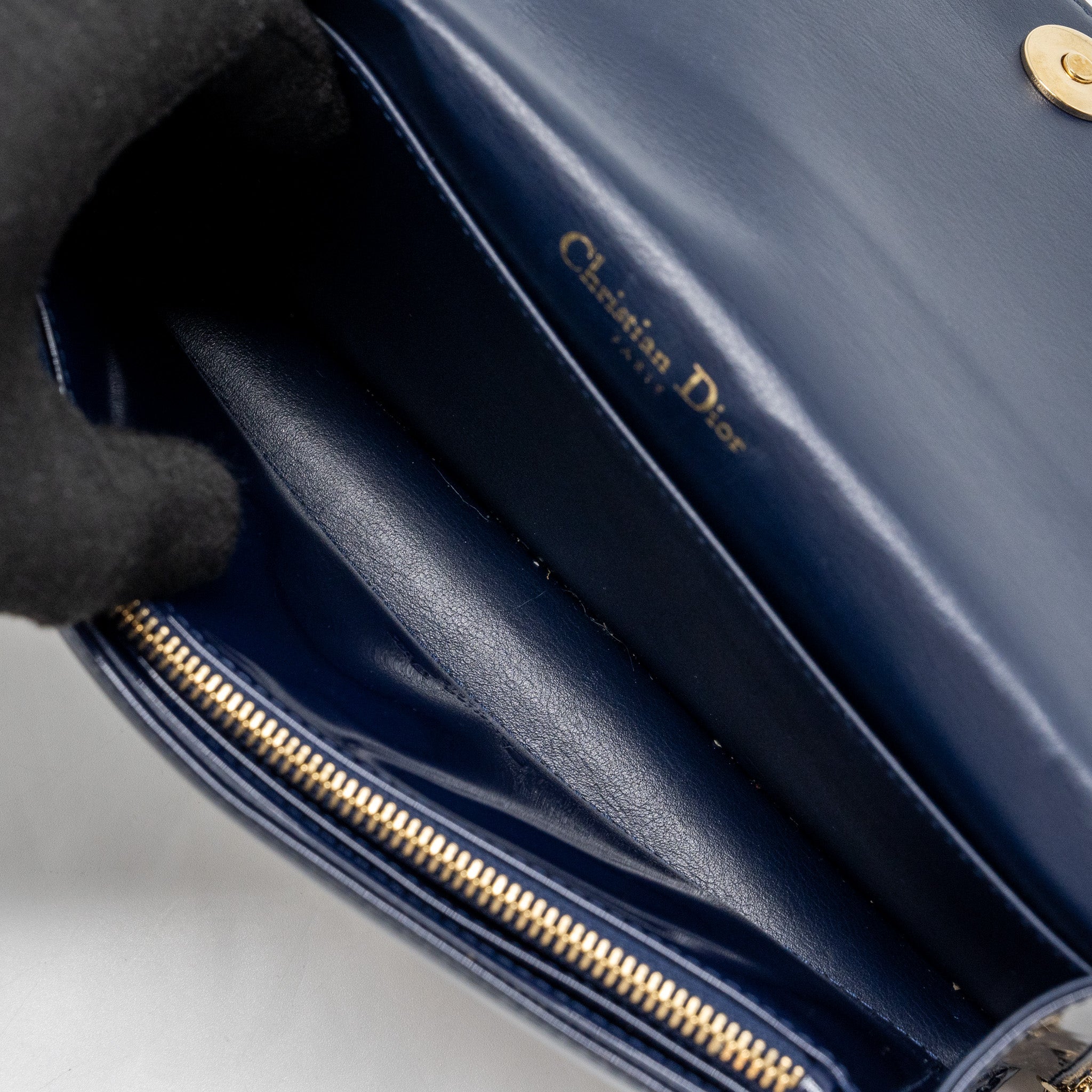 DIOR LADY DIOR POUCH WITH CHAIN PATENT DARK BLUE LGHW