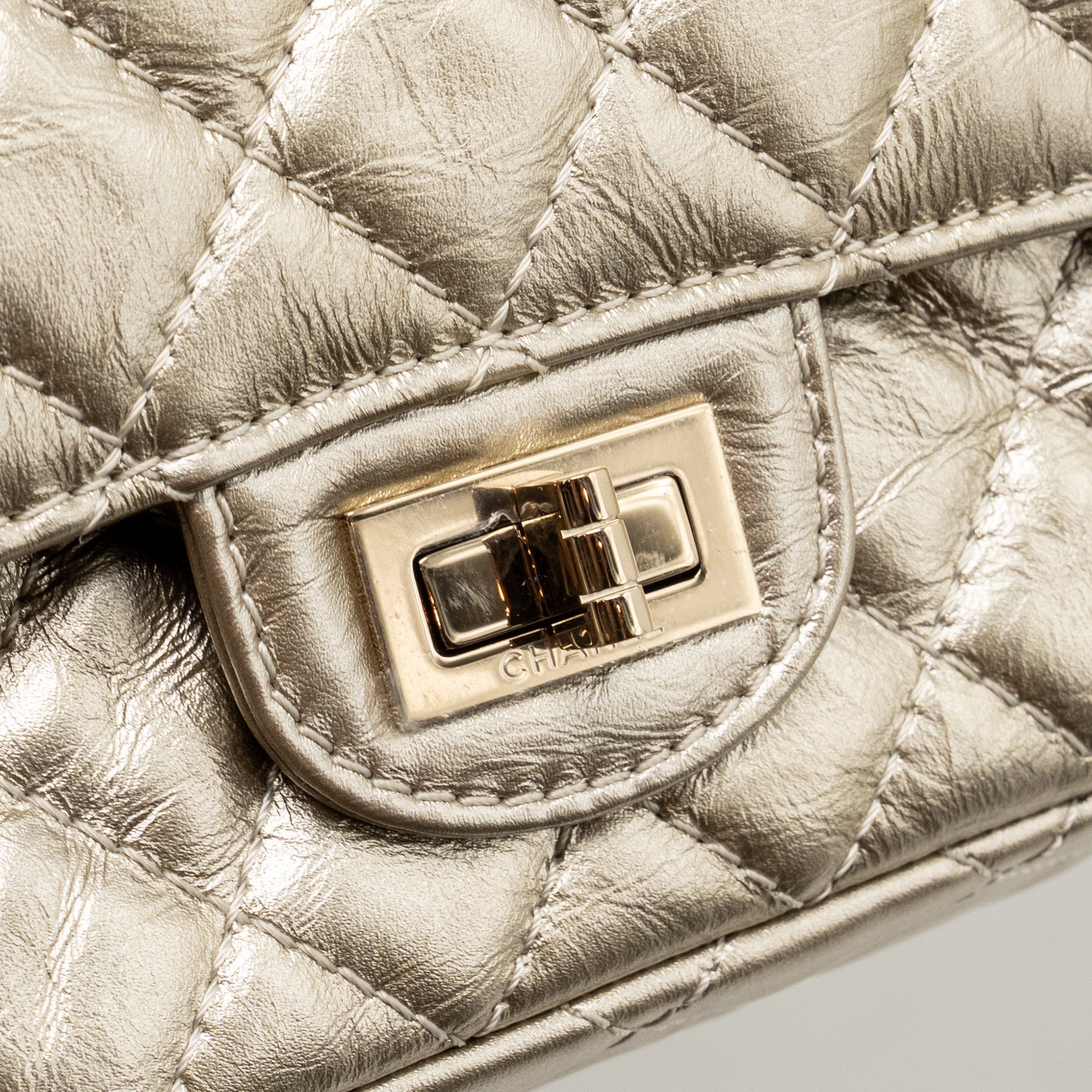 CHANEL SMALL 2.55 REISSUE DOUBLE FLAP BAG AGED CALFSKIN METALLIC LIGHT GOLD WITH LGHW