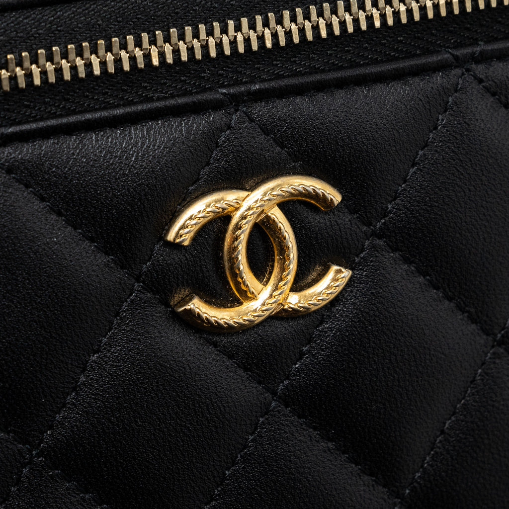 CHANEL DETAIL TOP HANDLE LONG VANITY WITH CHAINS LAMBSKIN BLACK GHW(MICROCHIP)
