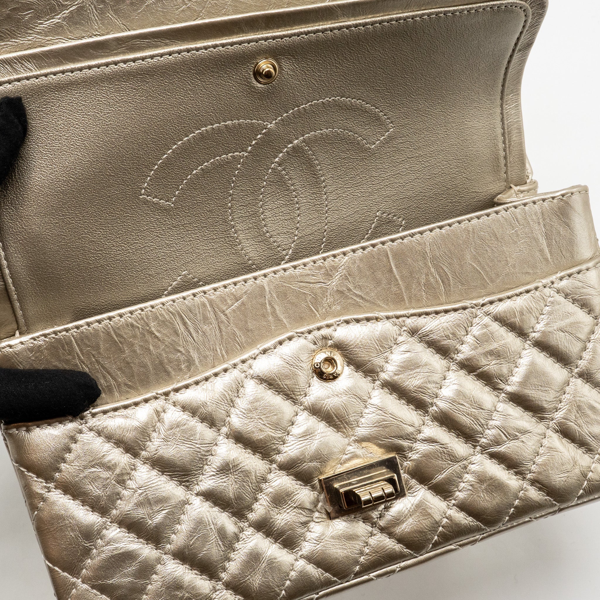 CHANEL SMALL 2.55 REISSUE DOUBLE FLAP BAG AGED CALFSKIN METALLIC LIGHT GOLD WITH LGHW