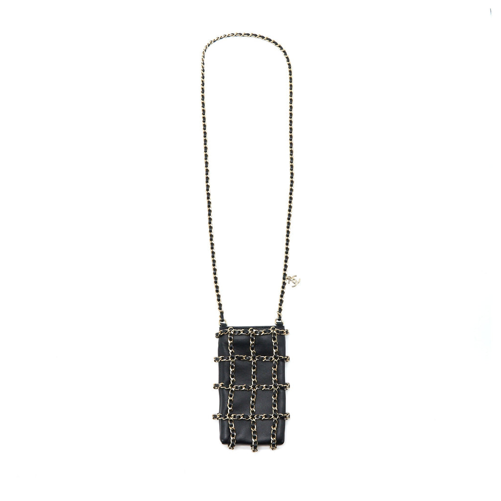 CHANEL PHONE POUCH WITH CHAIN LAMBSKIN BLACK LGHW