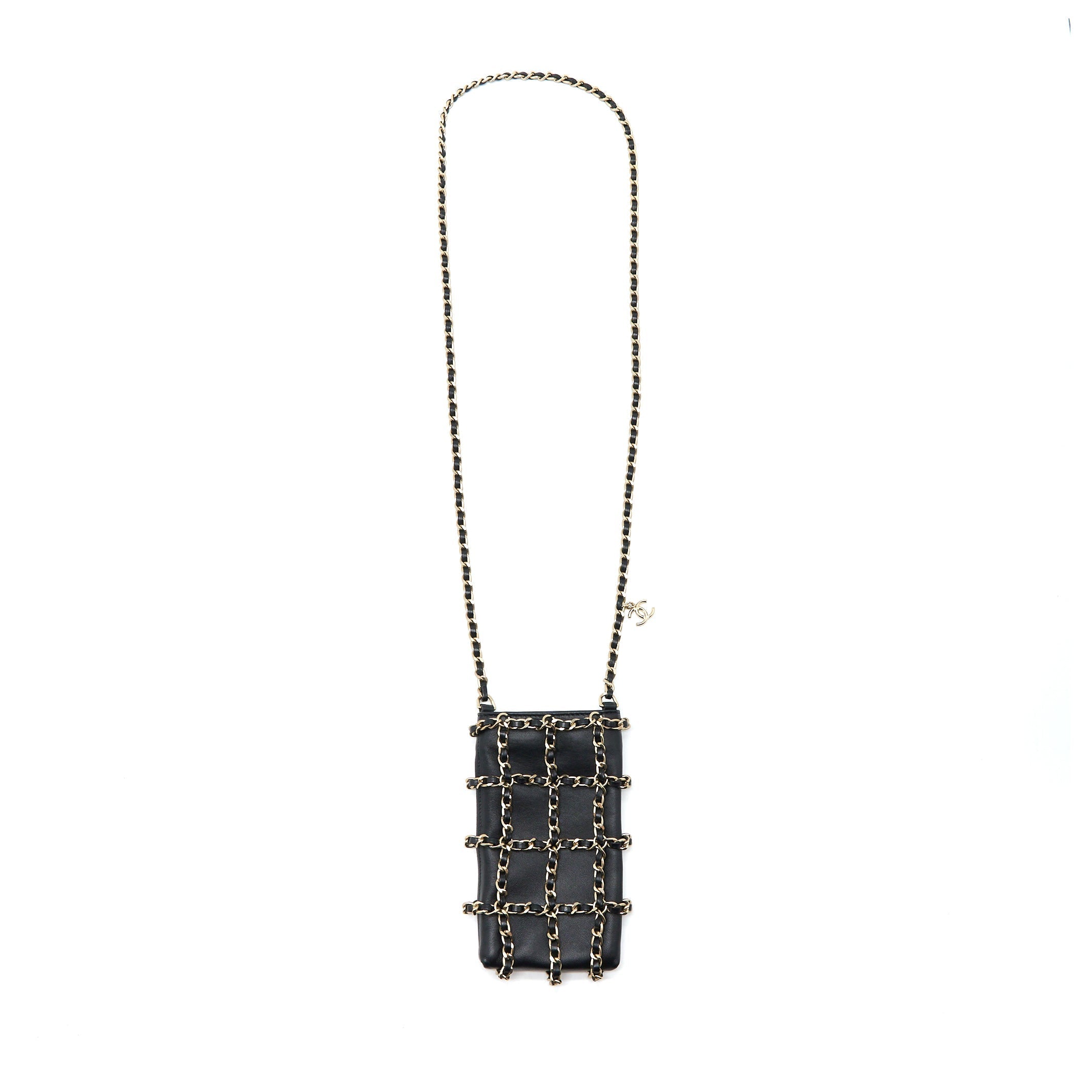 CHANEL PHONE POUCH WITH CHAIN LAMBSKIN BLACK LGHW