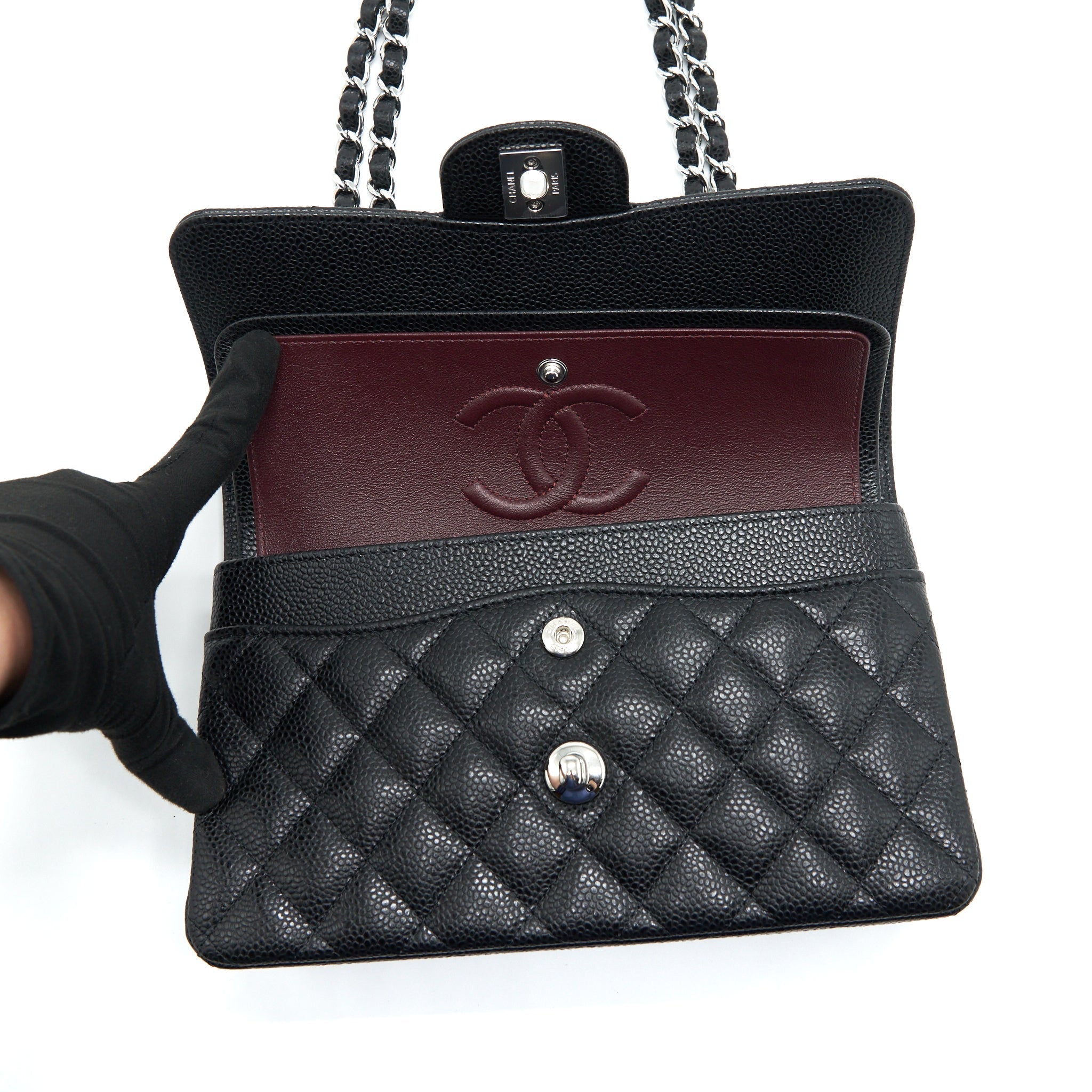 CHANEL SMALL CLASSIC DOUBLE FLAP BAG CAVIAR BLACK SHW (MICROCHIP)