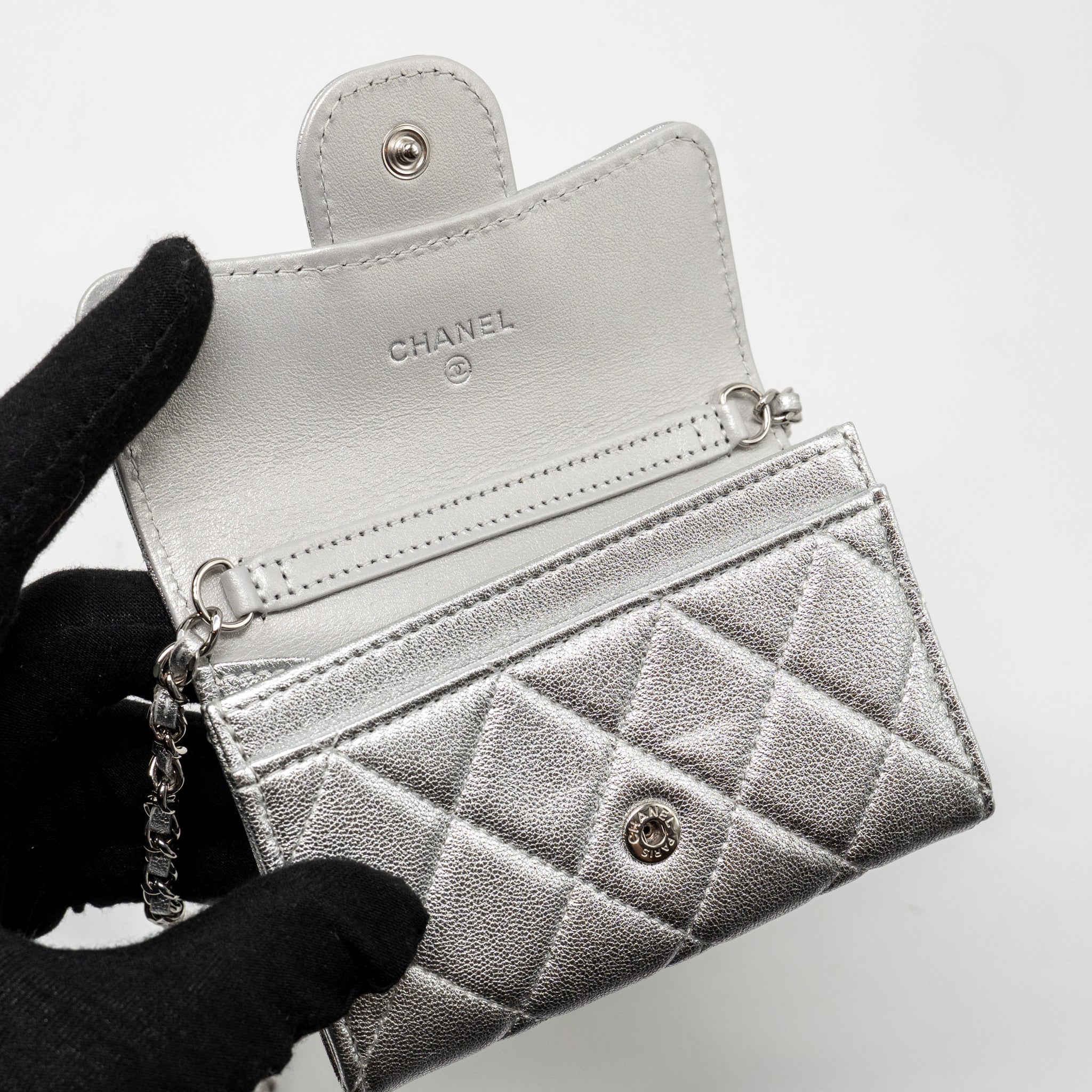 CHANEL MINI FLAP BELT BAG LAMBSKIN SILVER SHW