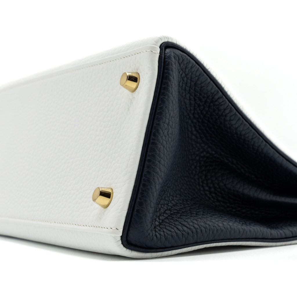 HERMES KELLY 28 SPECIAL ORDER CLEMENCE LEATHER BLANC / BLUE NUIT BRUSHED GHW