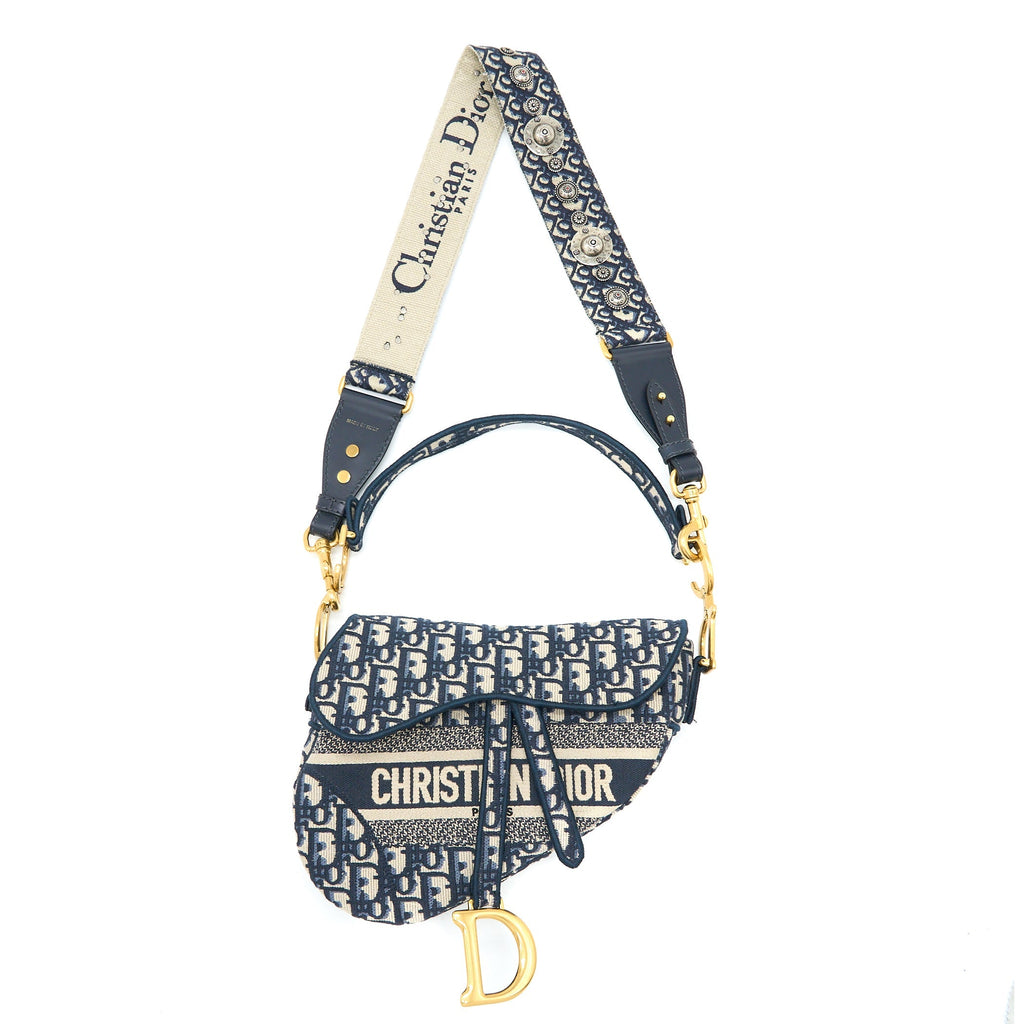 DIOR SADDLE BAG BLUE OBLIQUE EMBROIDERY BRUSHED GHW WITH DIOR STRAP