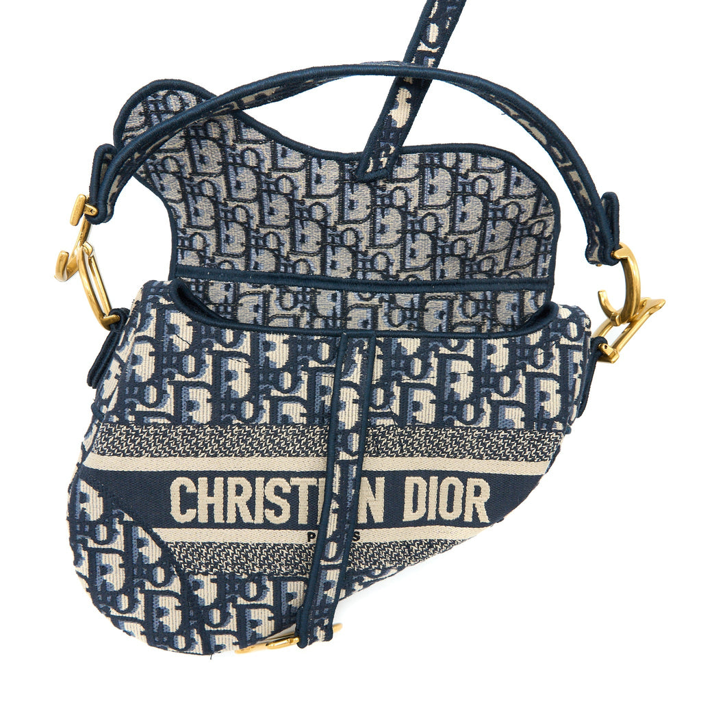DIOR SADDLE BAG BLUE OBLIQUE EMBROIDERY BRUSHED GHW WITH DIOR STRAP