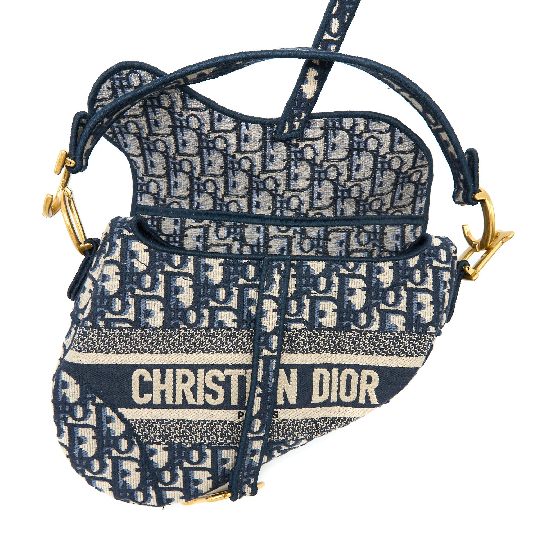 DIOR SADDLE BAG BLUE OBLIQUE EMBROIDERY BRUSHED GHW WITH DIOR STRAP