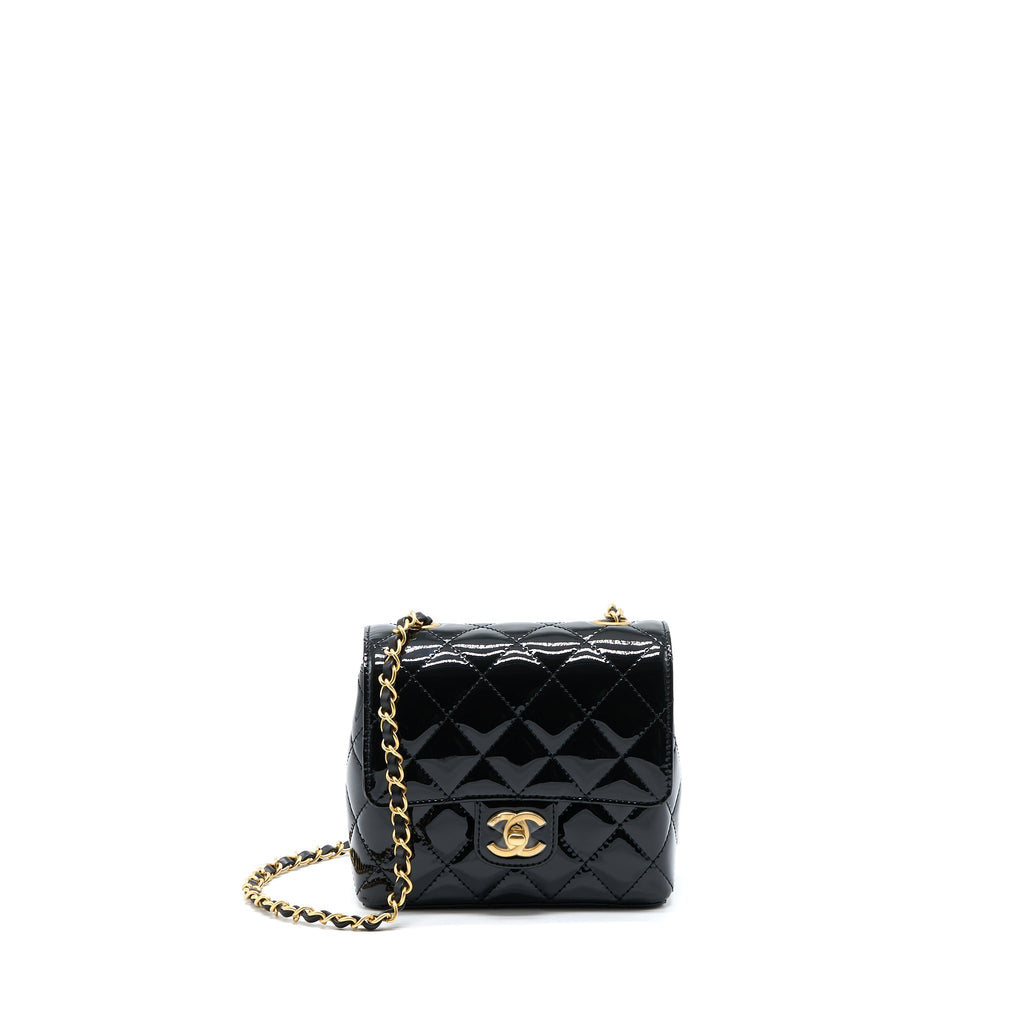 CHANEL 22K RETRO CLASSIC NEW SQUARE MINI FLAP BAG PATENT BLACK BRUSHED GHW(MICROCHIP)