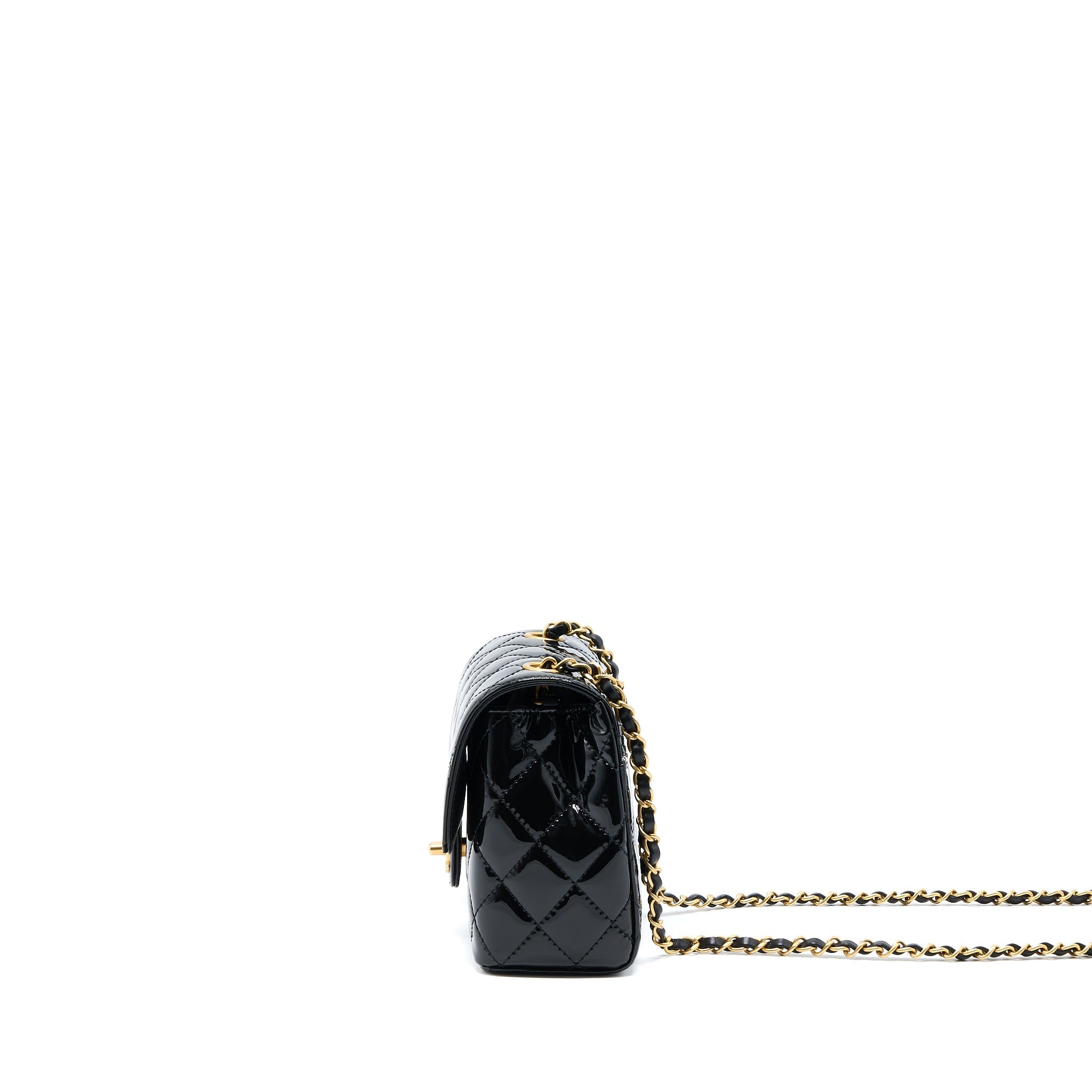 CHANEL 22K RETRO CLASSIC NEW SQUARE MINI FLAP BAG PATENT BLACK BRUSHED GHW(MICROCHIP)