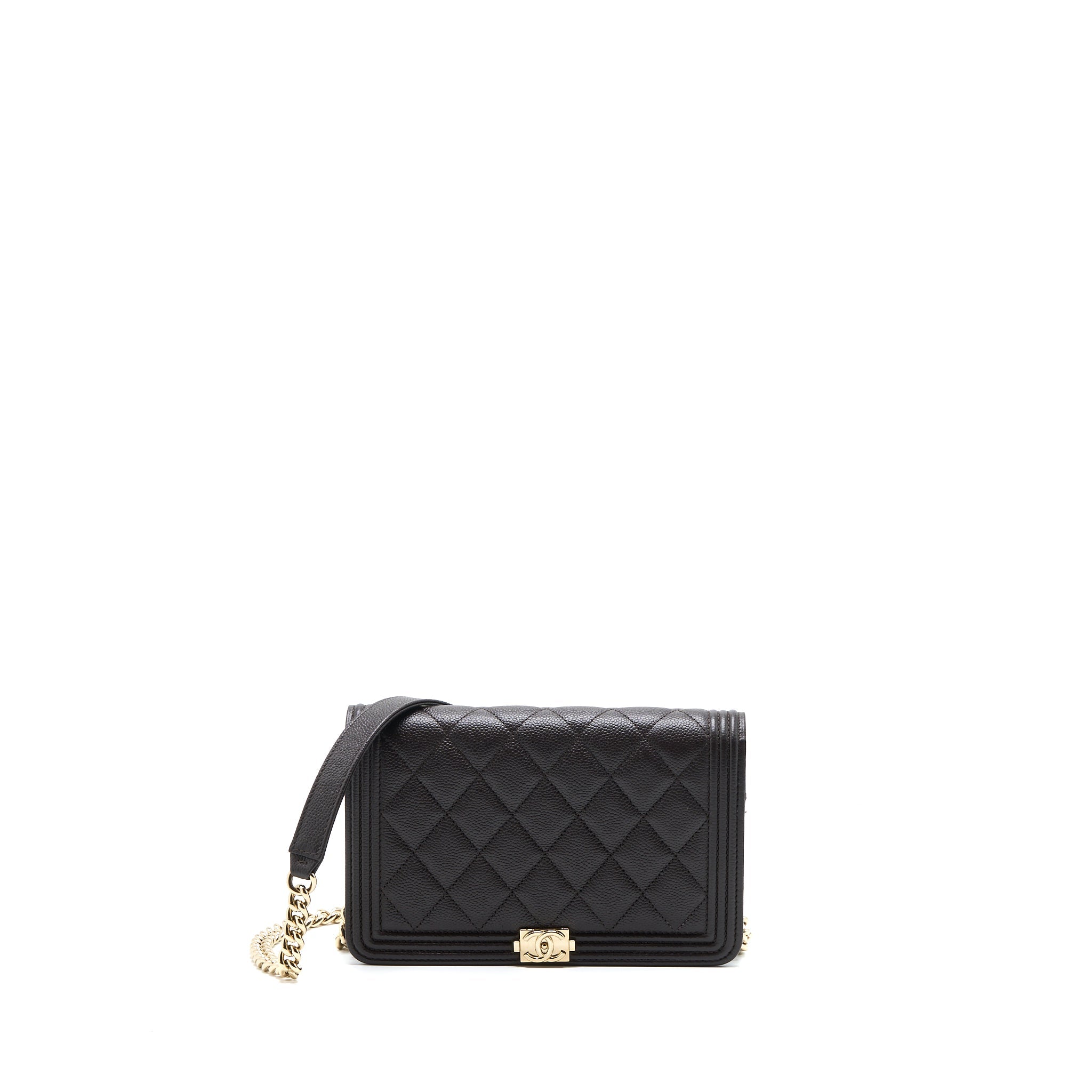 CHANEL BOY WALLET ON CHAIN GRAINED CALFSKIN BROWN LGHW (MICROCHIP)
