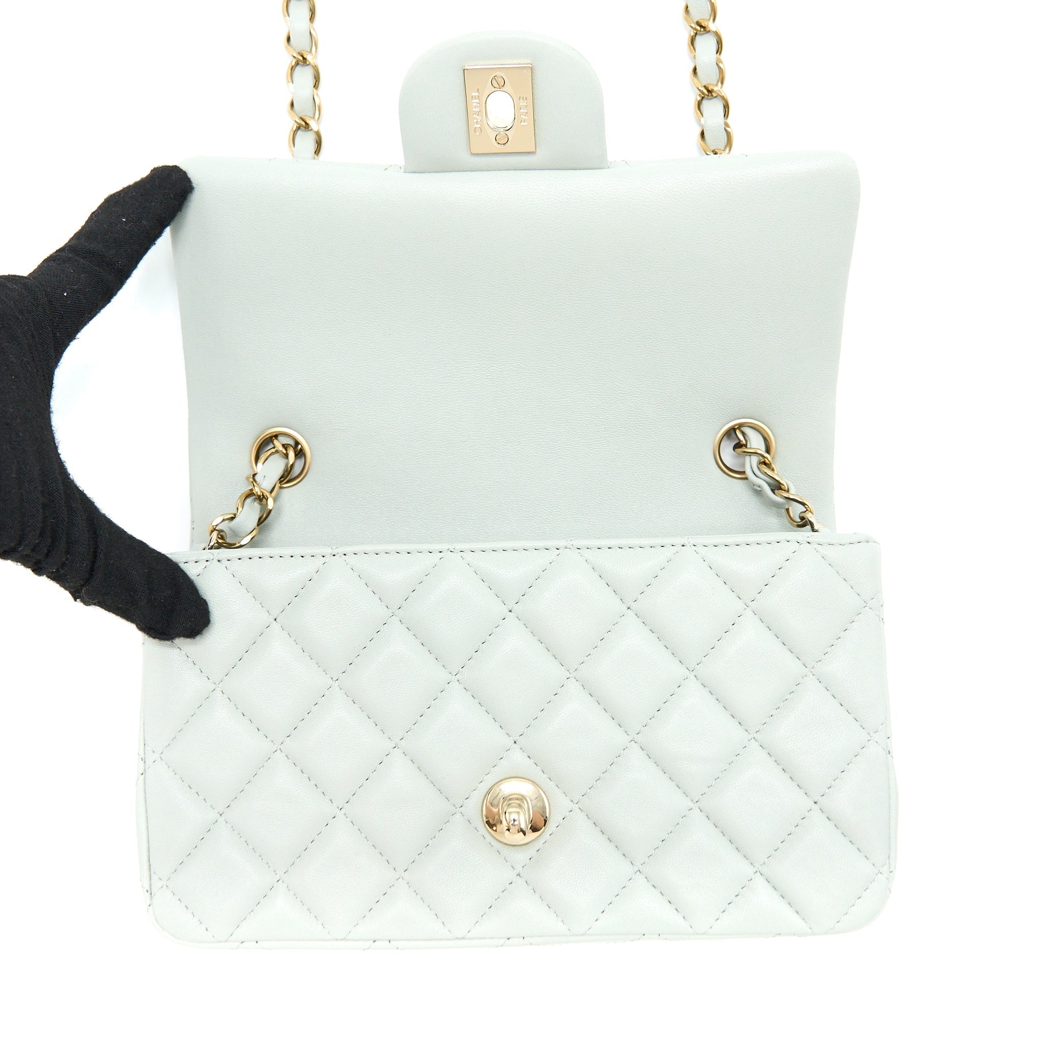CHANEL 23C MINI RECTANGULAR FLAP BAG LAMBSKIN LIGHT GREY LGHW (MICROCHIP)