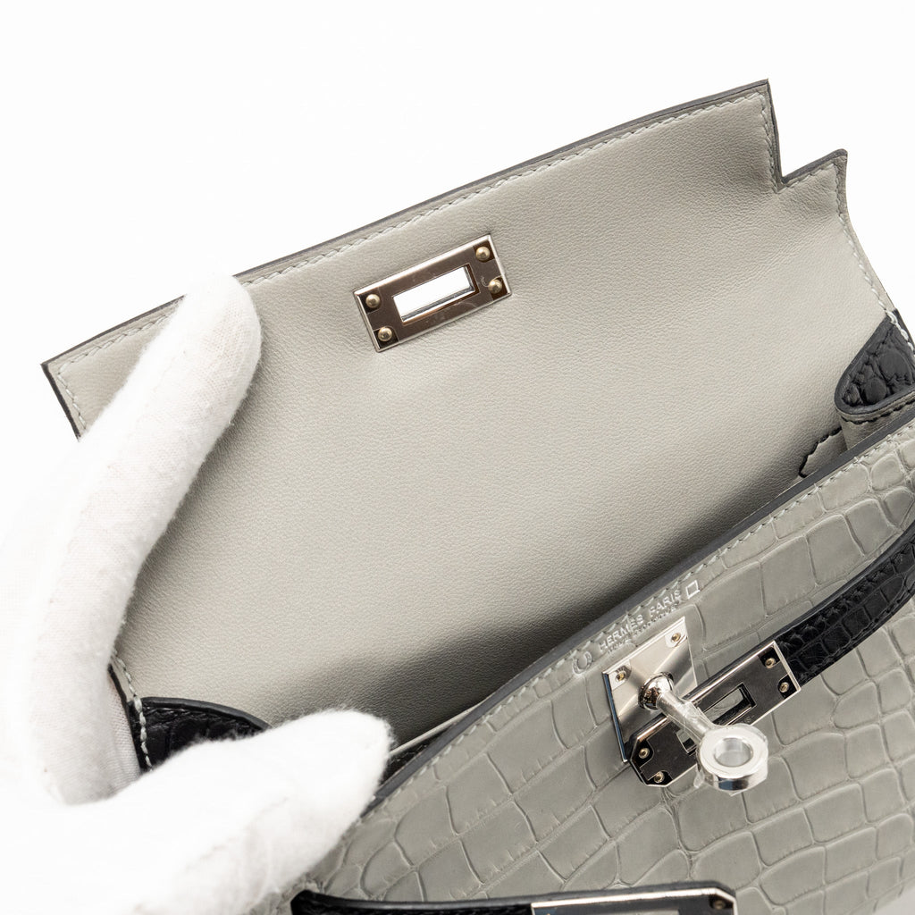 HERMES MINI KELLY II ALLIGATOR MISSISSIPPIENSIS MATT GRIS PERLE / BLACK SHW