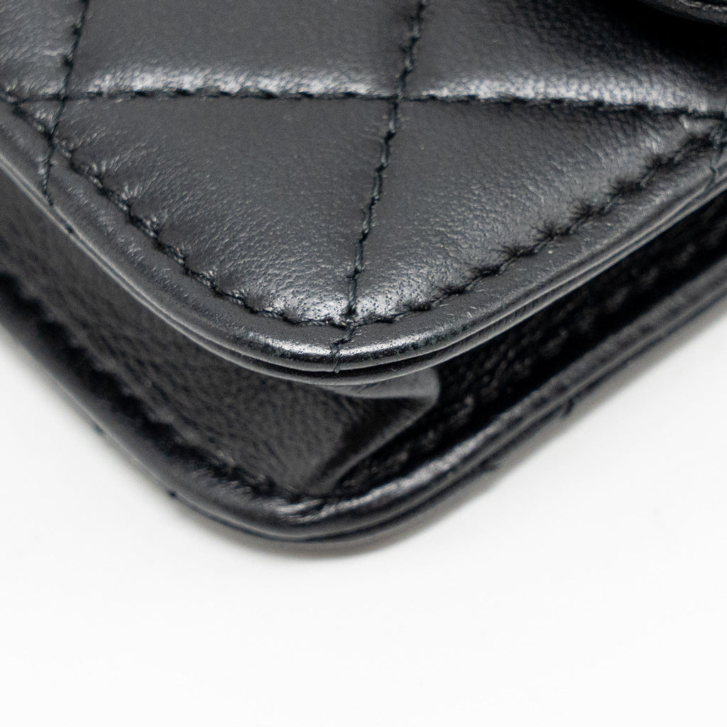 CHANEL ZIRCONIUM FLAP CLUTCH/CARD HOLDER WITH CHAIN LAMBSKIN BLACK GHW