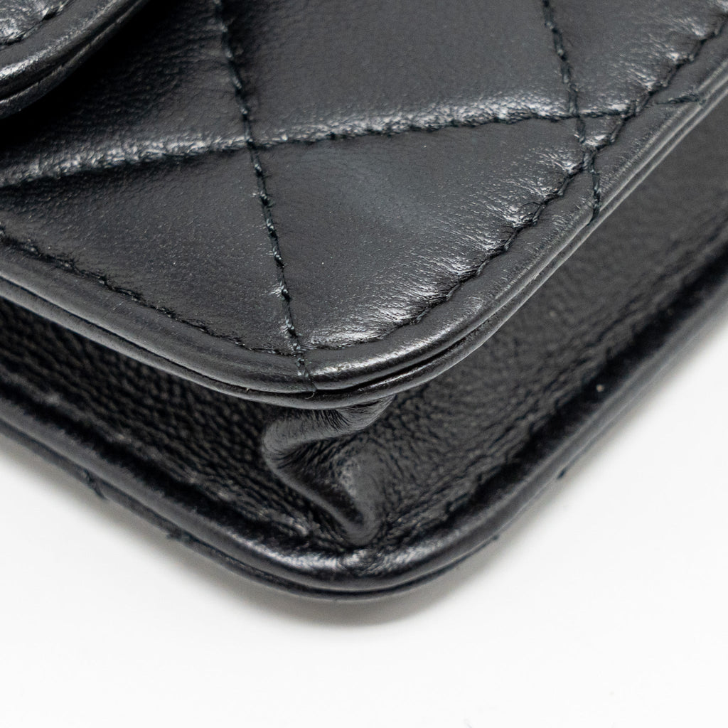CHANEL ZIRCONIUM FLAP CLUTCH/CARD HOLDER WITH CHAIN LAMBSKIN BLACK GHW