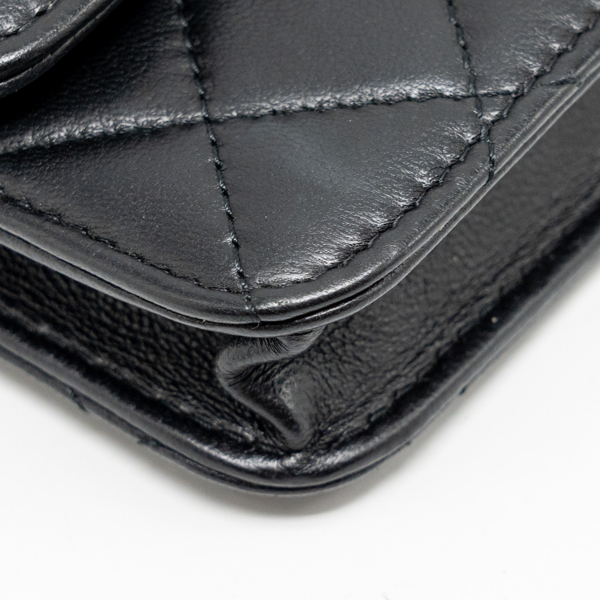 CHANEL ZIRCONIUM FLAP CLUTCH/CARD HOLDER WITH CHAIN LAMBSKIN BLACK GHW