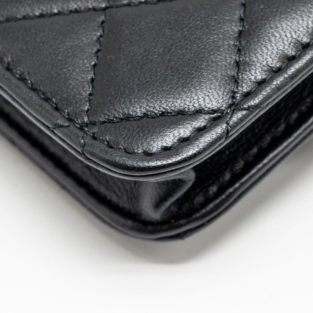 CHANEL ZIRCONIUM FLAP CLUTCH/CARD HOLDER WITH CHAIN LAMBSKIN BLACK GHW