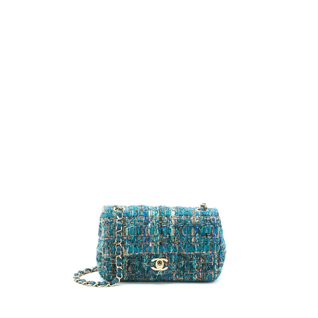 CHANEL MINI RECTANGULAR FLAP BAG TWEED MULTICOLOR GREEN LGHW