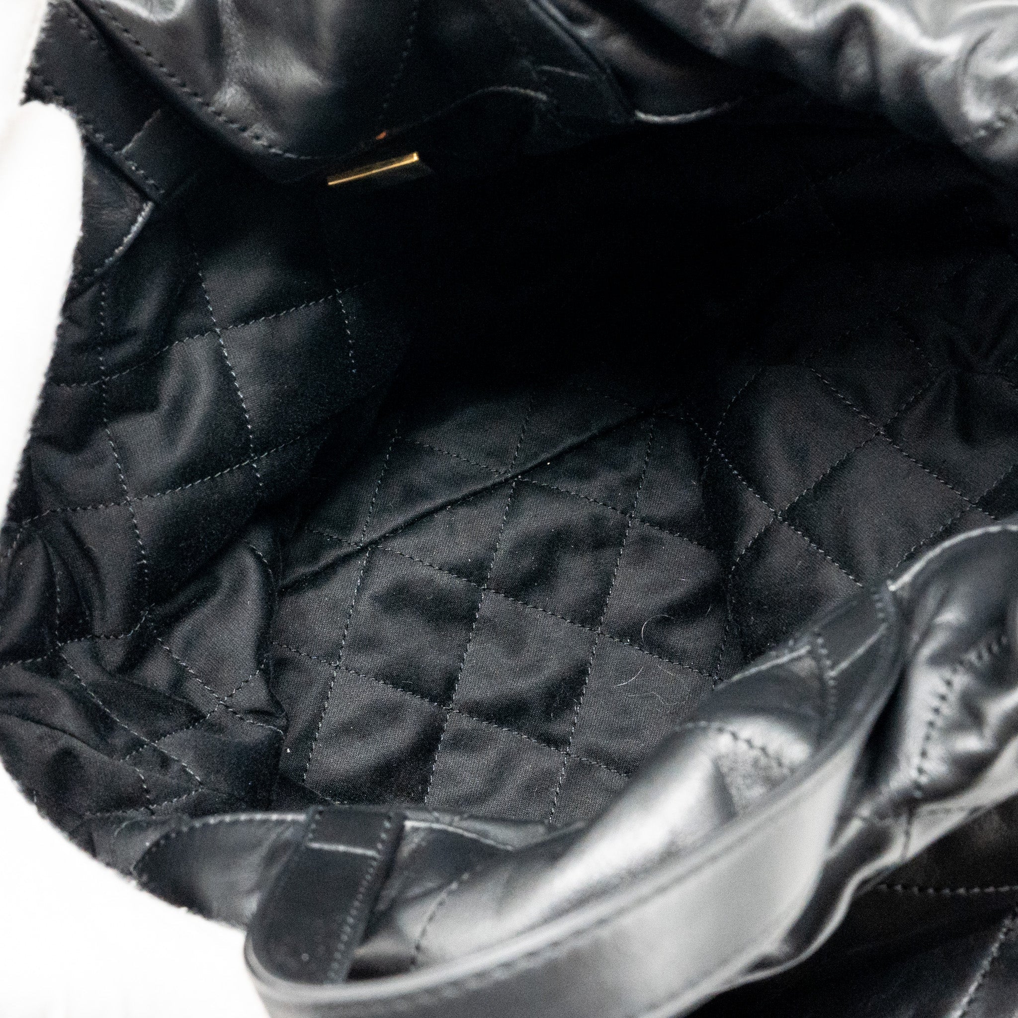 CHANEL 22 BACKPACK WHITE LETTER LOGO SHINY CALFSKIN BLACK GHW (MICROCHIP)