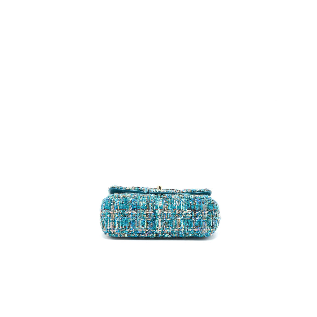 CHANEL MINI RECTANGULAR FLAP BAG TWEED MULTICOLOR GREEN LGHW