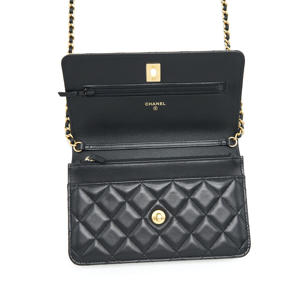 CHANEL 22S PEARL CRUSH WALLET ON CHAIN LAMBSKIN BLACK GHW (MICROCHIP)