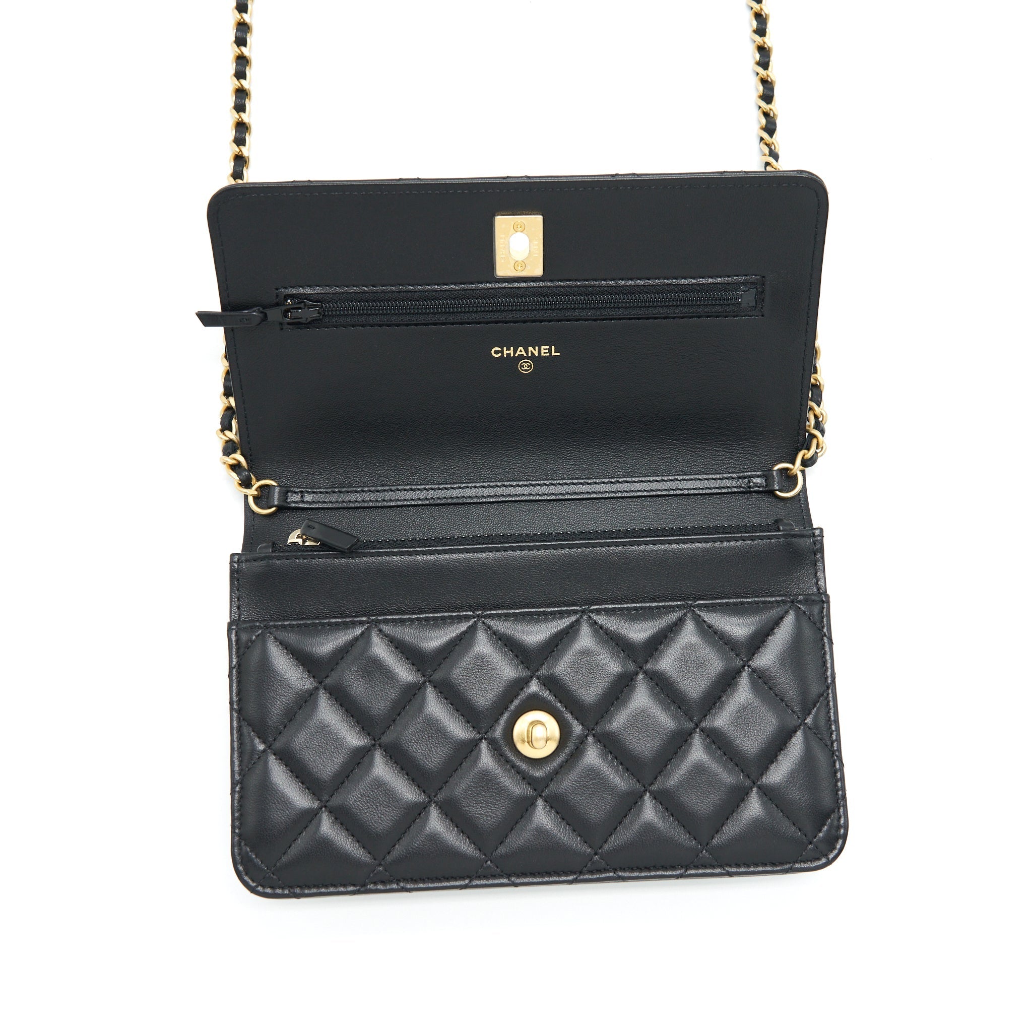 CHANEL 22S PEARL CRUSH WALLET ON CHAIN LAMBSKIN BLACK GHW (MICROCHIP)