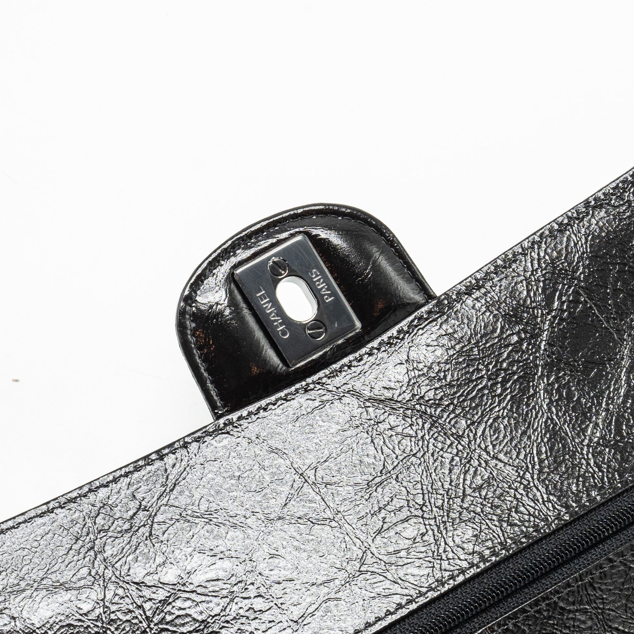 CHANEL MEDIUM CLASSIC DOUBLE FLAP BAG SHINY AGED CALFSKIN SO BLACK