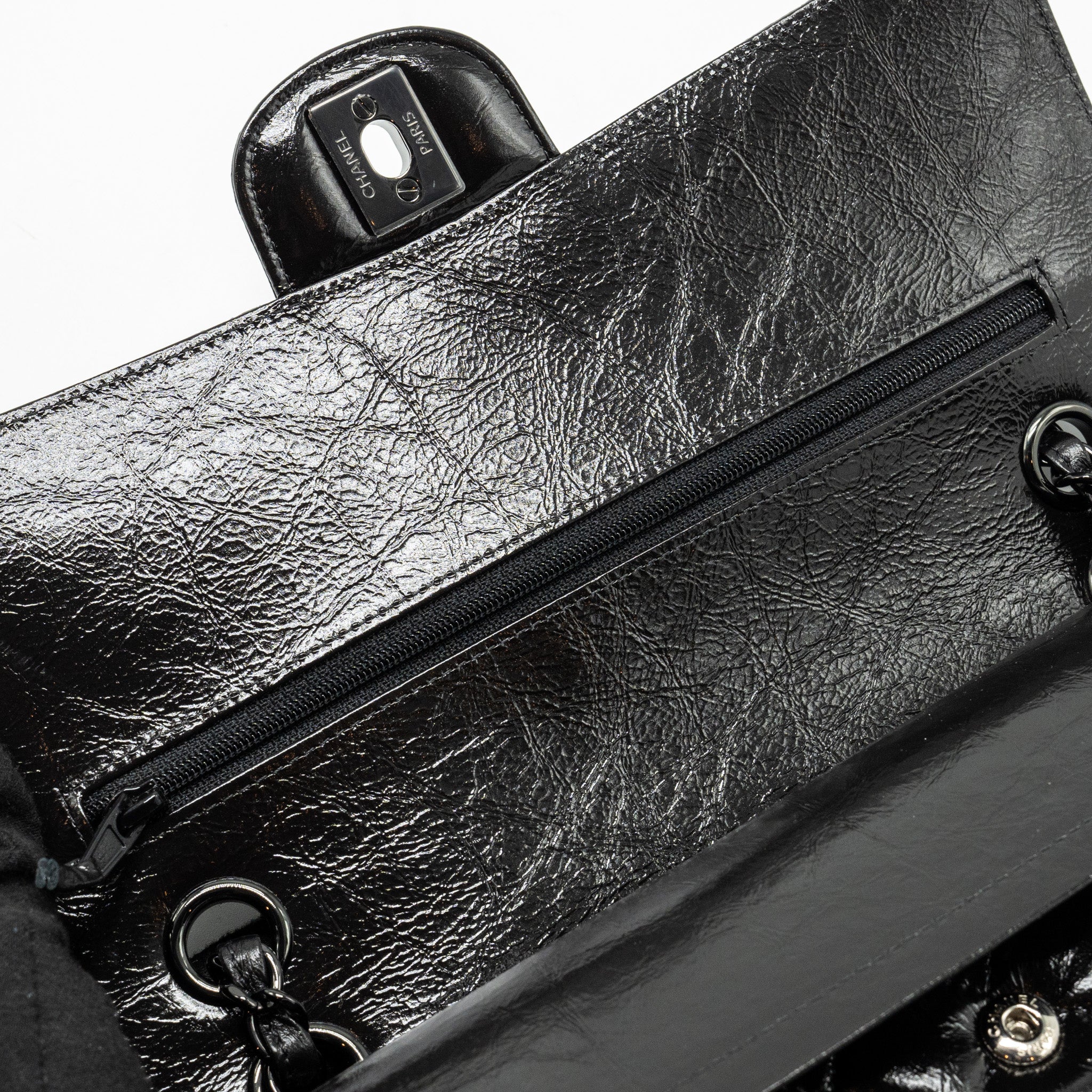 CHANEL MEDIUM CLASSIC DOUBLE FLAP BAG SHINY AGED CALFSKIN SO BLACK