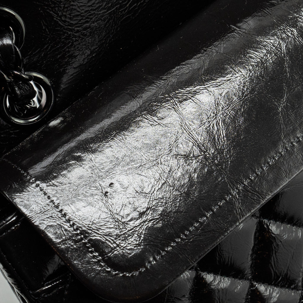 CHANEL MEDIUM CLASSIC DOUBLE FLAP BAG SHINY AGED CALFSKIN SO BLACK