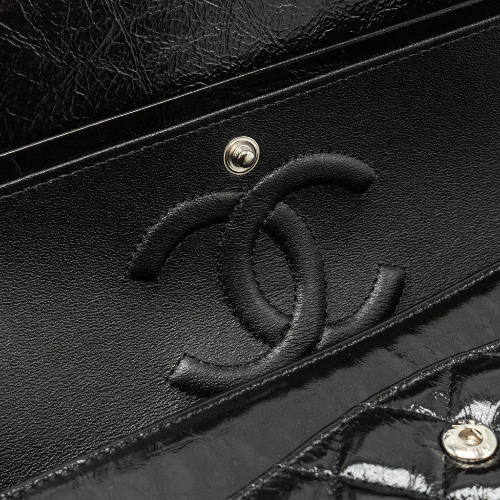 CHANEL MEDIUM CLASSIC DOUBLE FLAP BAG SHINY AGED CALFSKIN SO BLACK