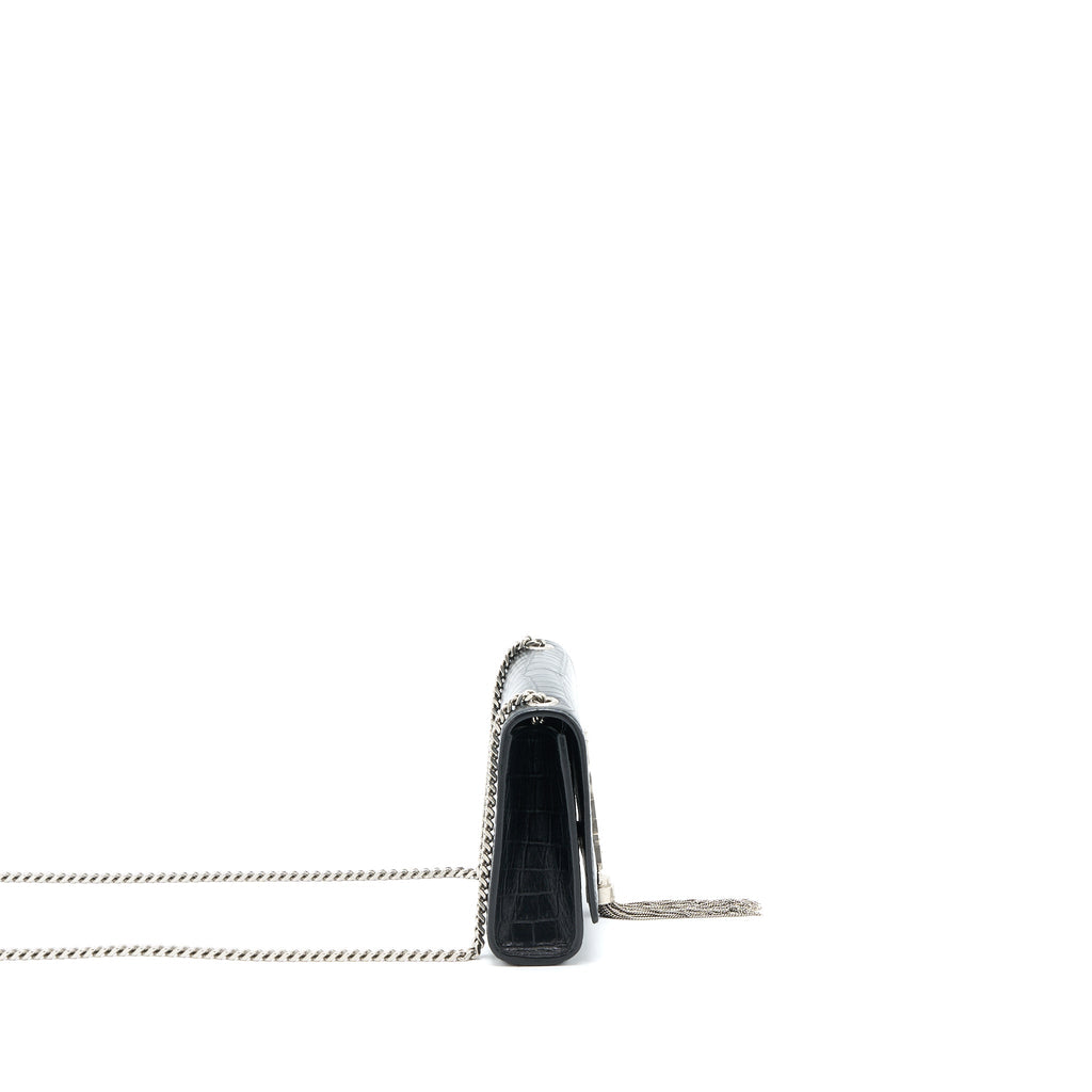 SAINT LAURENT KATE TASSEL CROC EMBOSSED CALFSKIN BLACK SHW