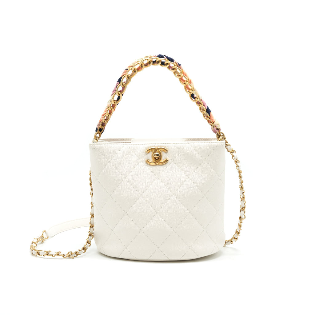 CHANEL BUCKET BAG WITH CHAIN HANDLE CAVIAR WHITE GHW