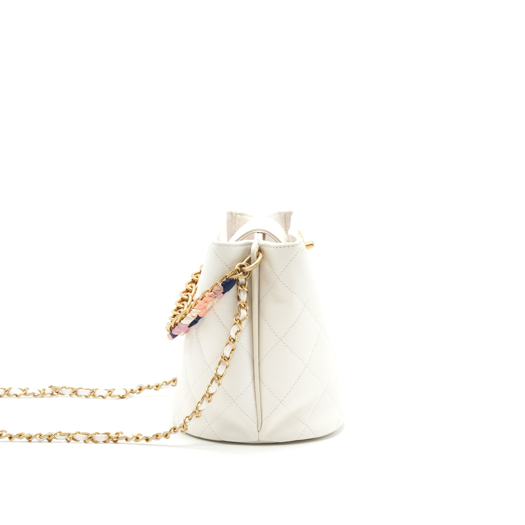 CHANEL BUCKET BAG WITH CHAIN HANDLE CAVIAR WHITE GHW