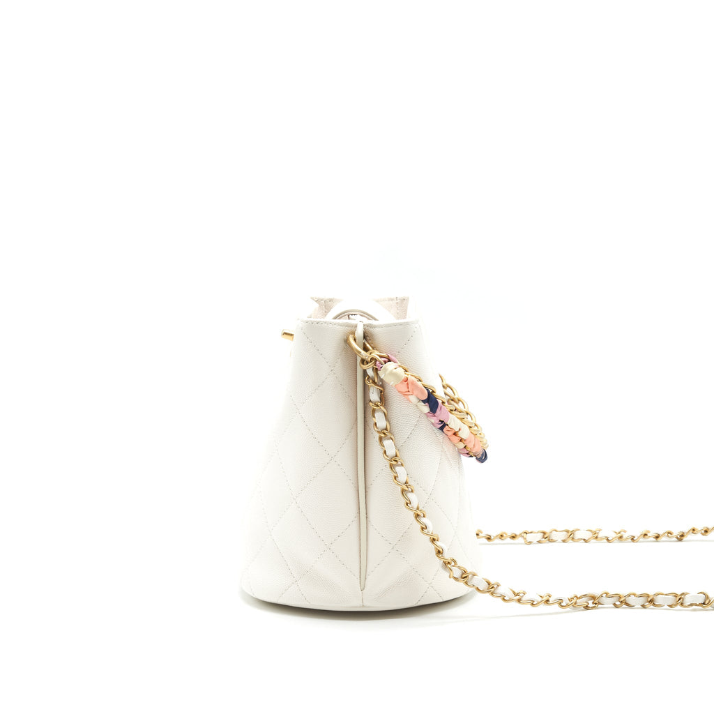 CHANEL BUCKET BAG WITH CHAIN HANDLE CAVIAR WHITE GHW