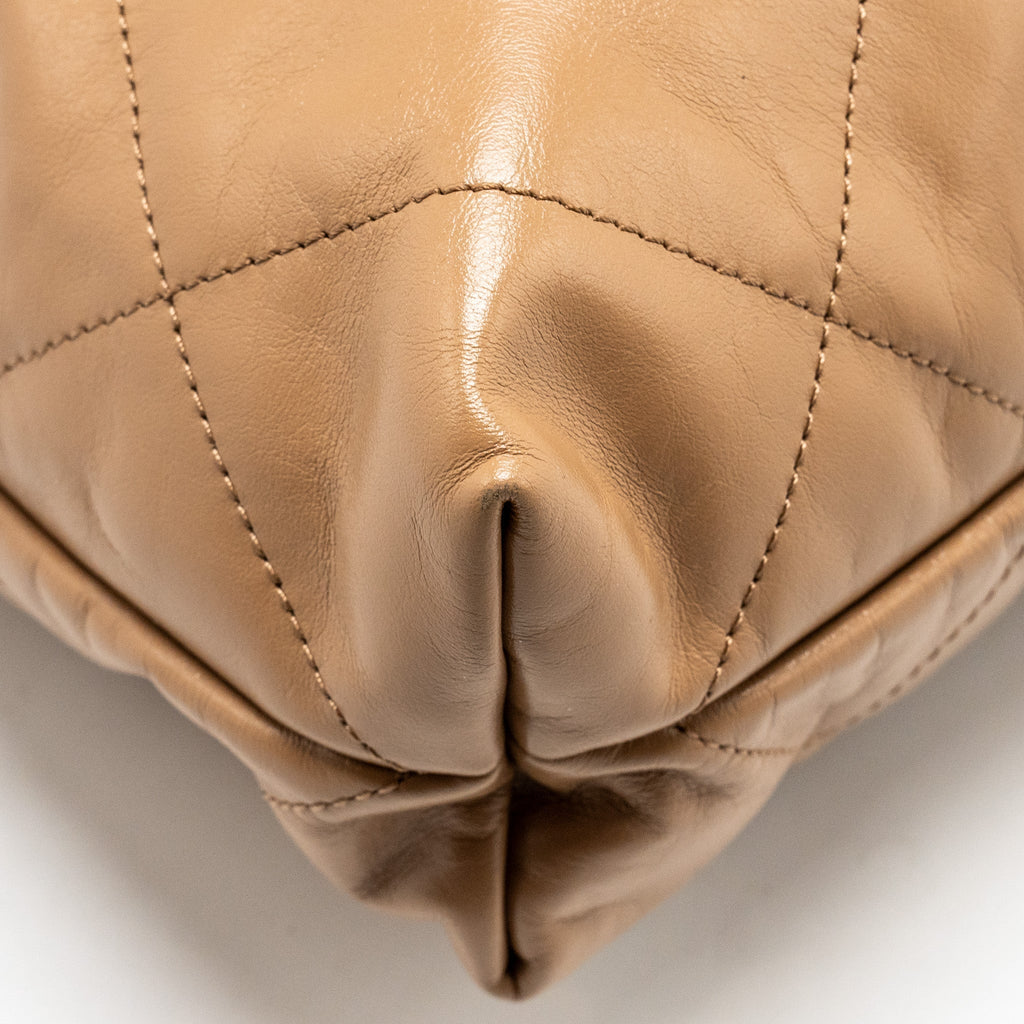 CHANEL SMALL 22 BAG SHINY CALFSKIN DARK BEIGE GHW (MICROCHIP)