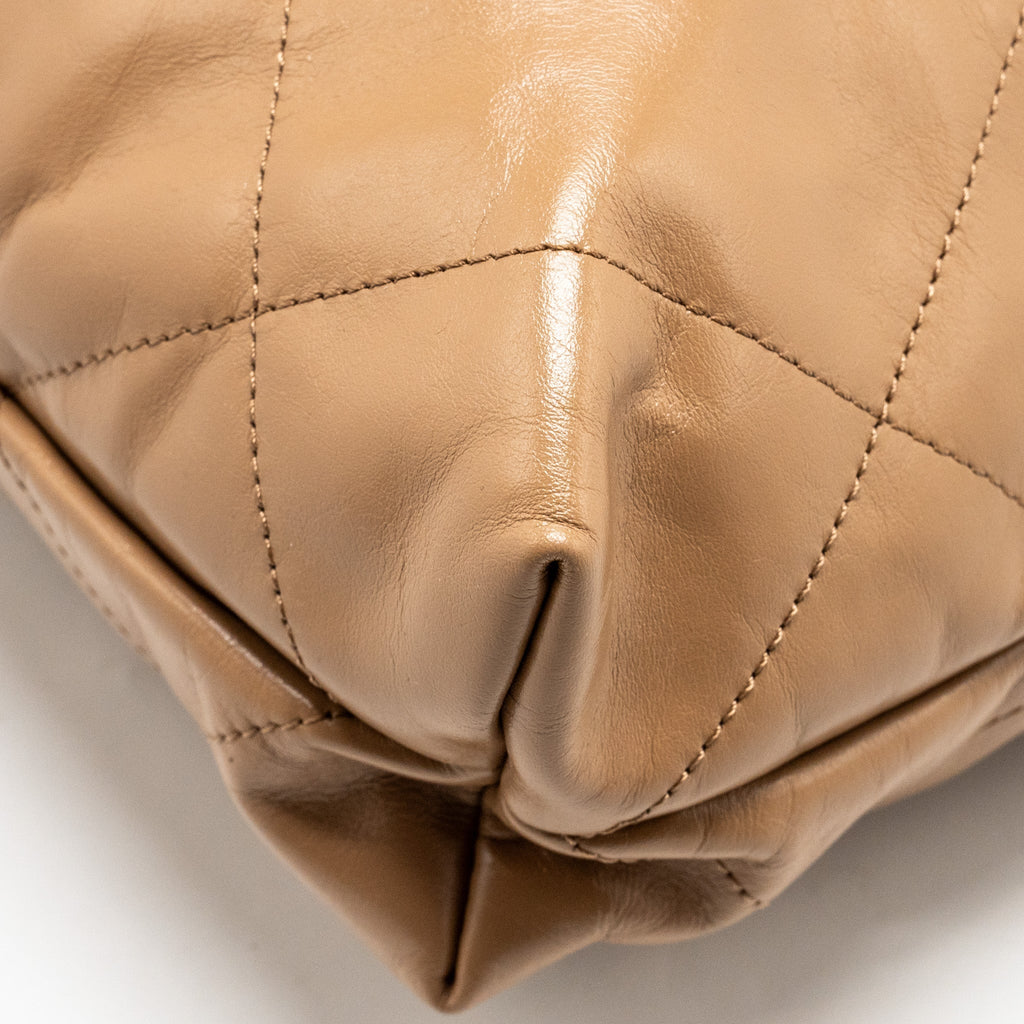 CHANEL SMALL 22 BAG SHINY CALFSKIN DARK BEIGE GHW (MICROCHIP)