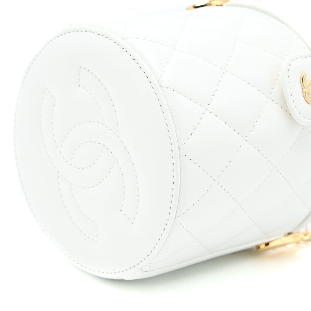 CHANEL TOP HANDLE ROUND VANITY WITH CHAIN LAMBSKIN WHITE GHW (MICROCHIP)