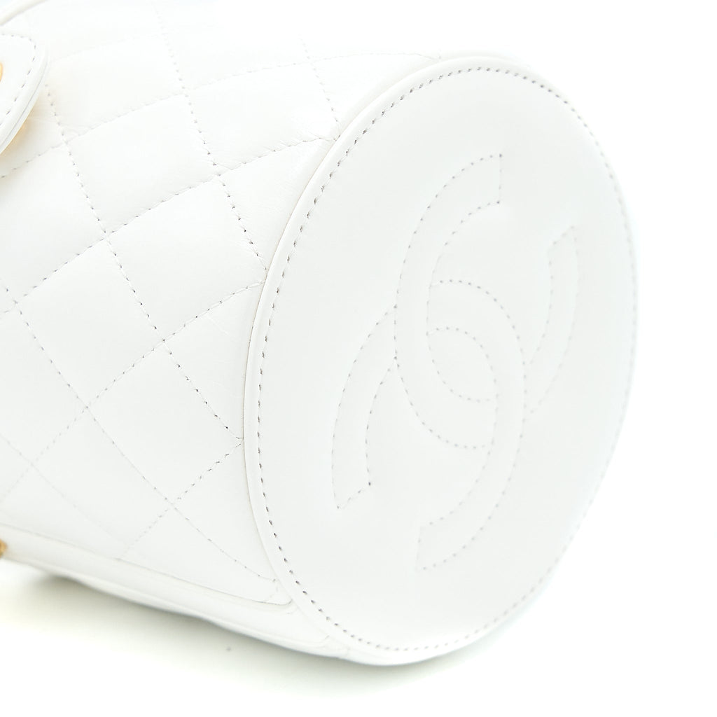 CHANEL TOP HANDLE ROUND VANITY WITH CHAIN LAMBSKIN WHITE GHW (MICROCHIP)