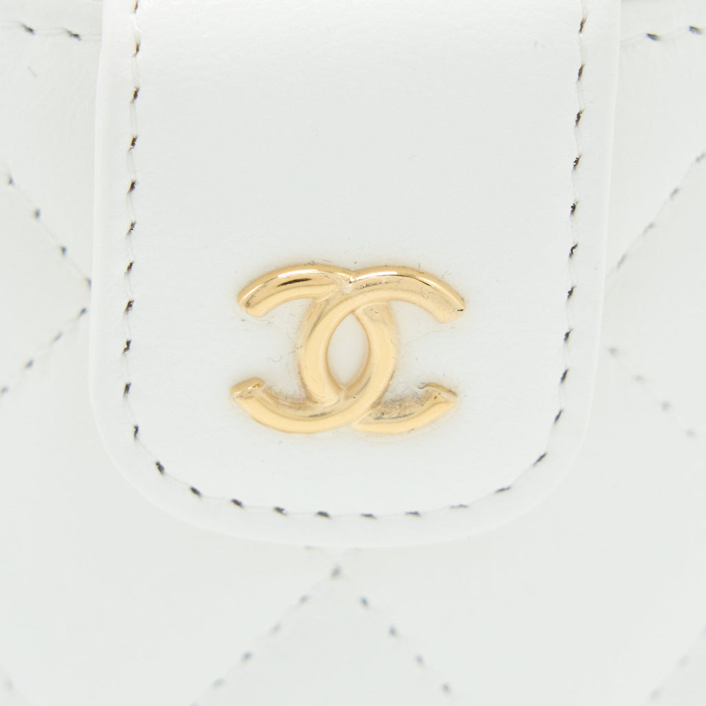 CHANEL TOP HANDLE ROUND VANITY WITH CHAIN LAMBSKIN WHITE GHW (MICROCHIP)