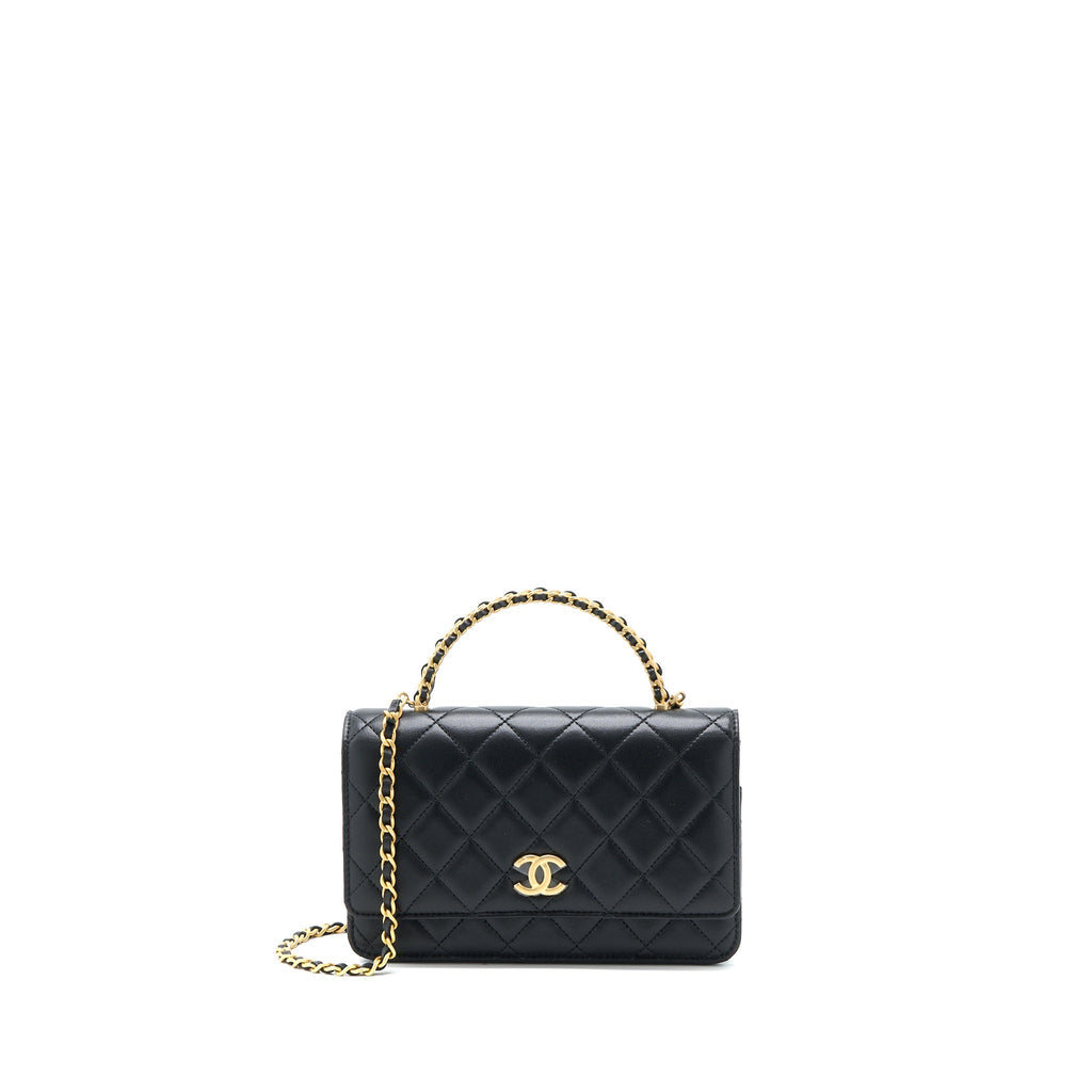 CHANEL TOP HANDLE WALLET ON CHAIN LAMBSKIN BLACK BRUSHED GHW (MICROCHIP)