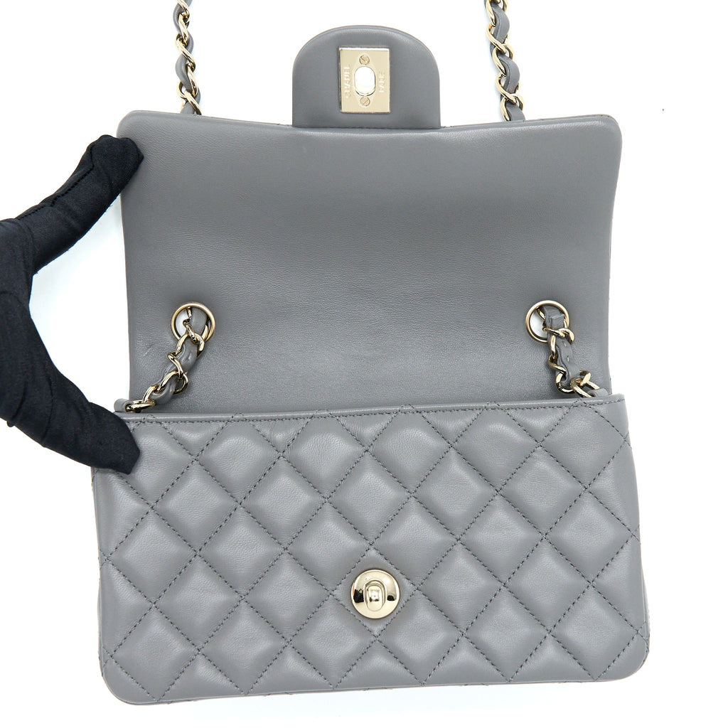 CHANEL 22A MINI RECTANGULAR FLAP BAG LAMBSKIN GREY LGHW (MICROCHIP).