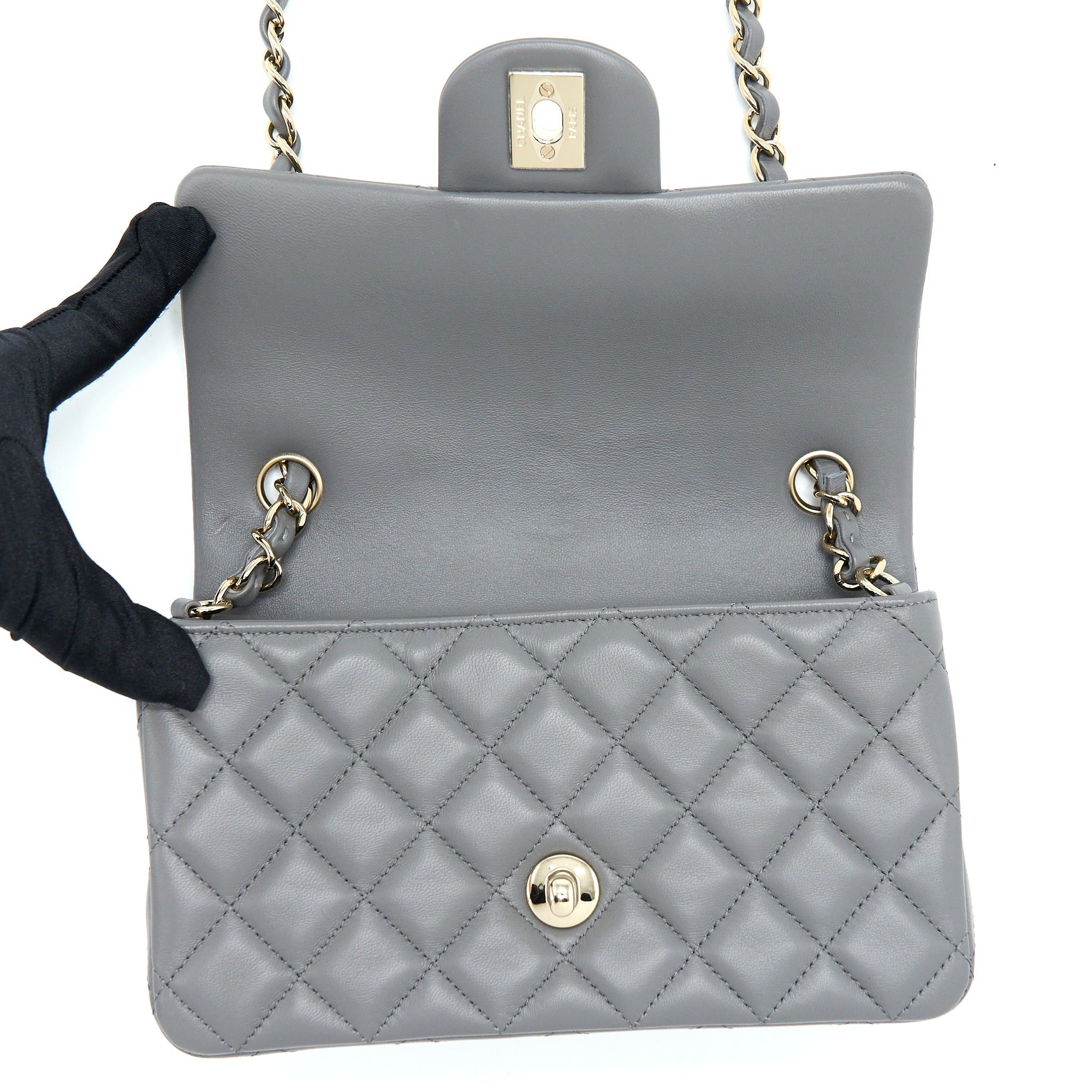 CHANEL 22A MINI RECTANGULAR FLAP BAG LAMBSKIN GREY LGHW (MICROCHIP).